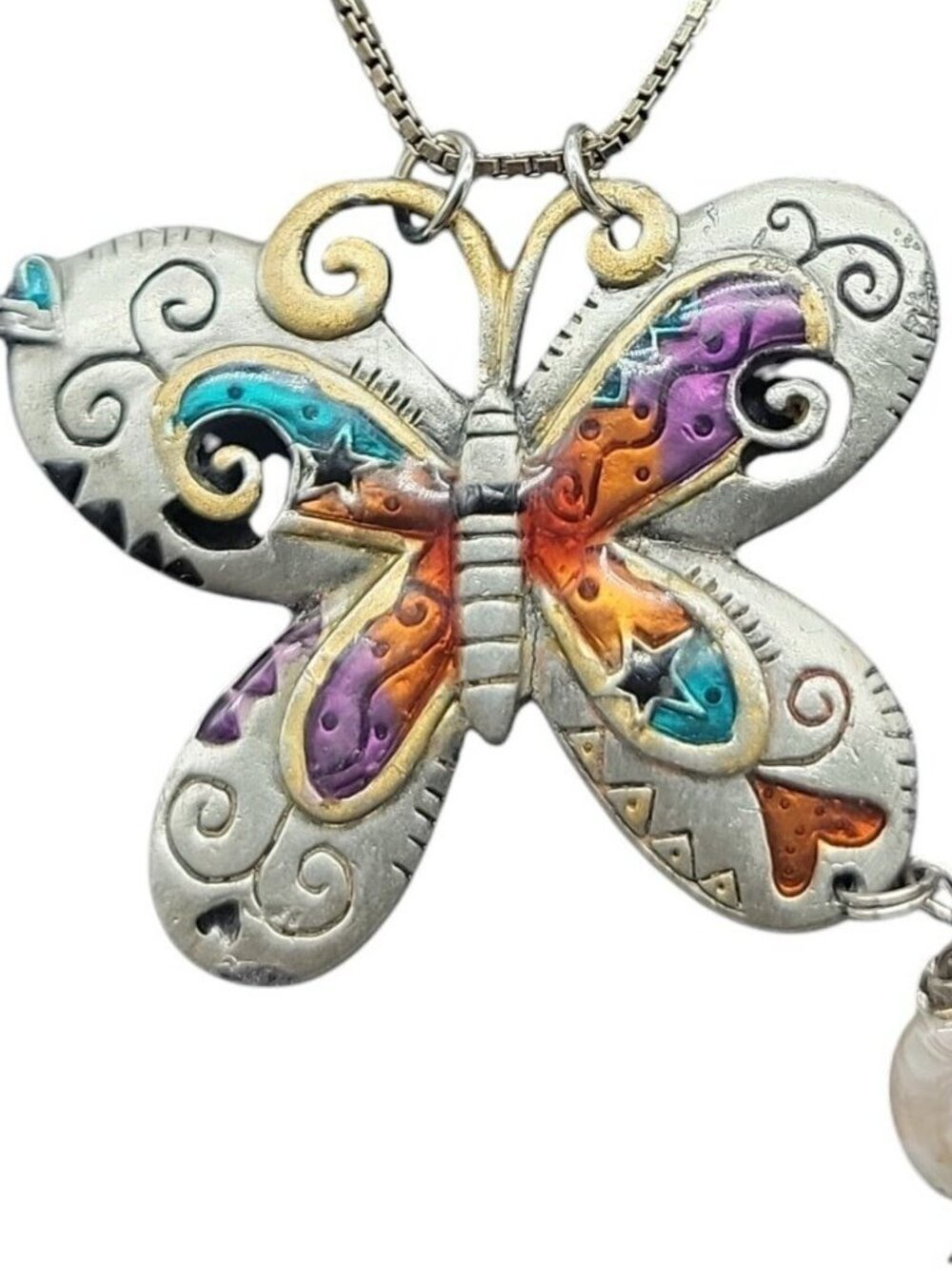 Sterling Silver Butterfly Pendant Necklace Enamel Inlaid 15" 925 Choker Chain - Picture 5 of 16
